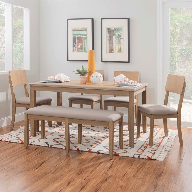 Pemberly Row Backless Acacia Bench with Upholstered Seat in Washed Gray