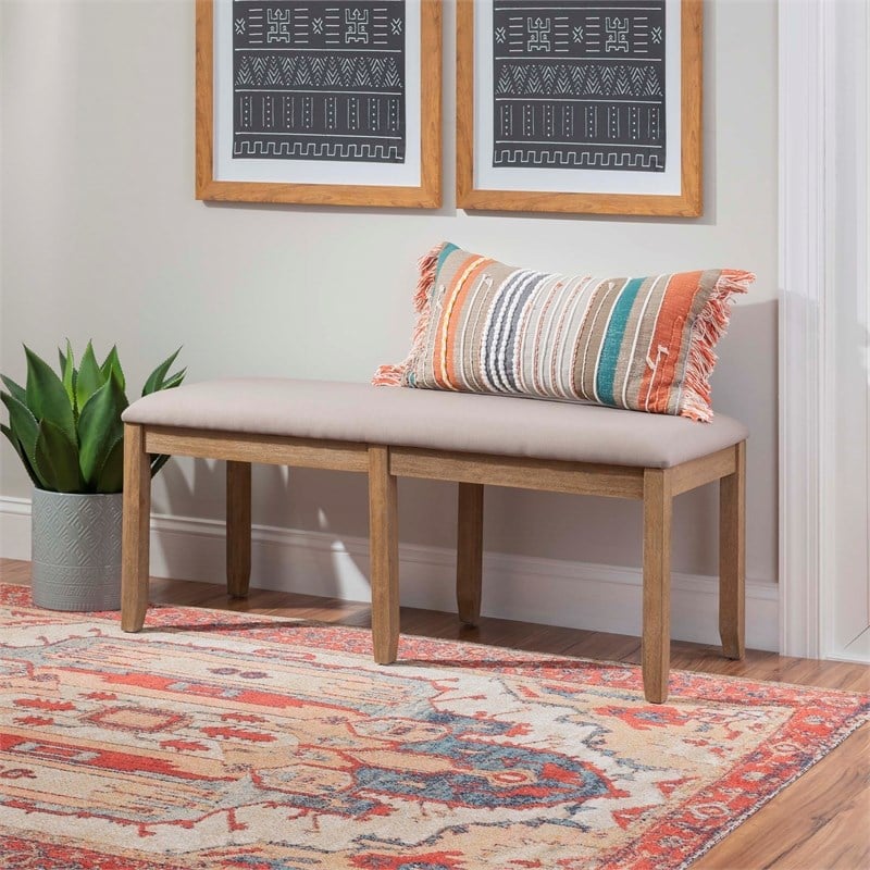 Pemberly Row Backless Acacia Bench with Upholstered Seat in Washed Gray