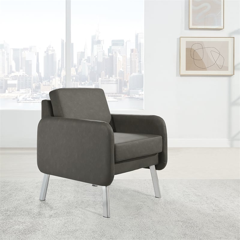 Pemberly Row Lounge Chair in Smoke Faux Leather with Chrome Legs