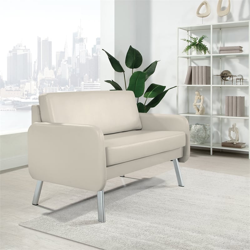Pemberly Row Lounge Loveseat in Cream Faux Leather with Chrome Legs