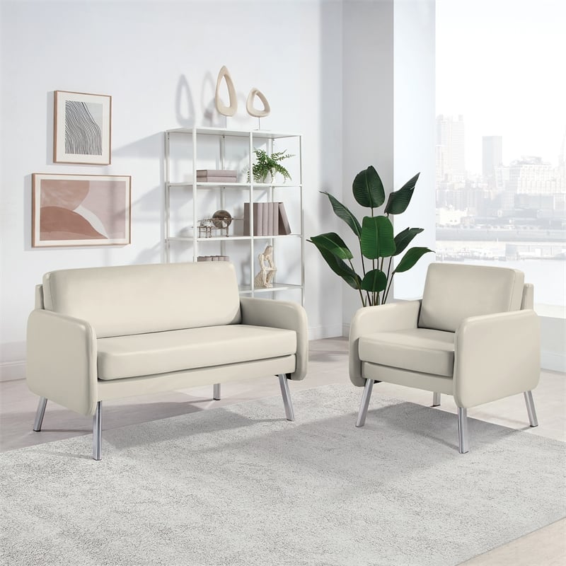 Pemberly Row Lounge Loveseat in Cream Faux Leather with Chrome Legs