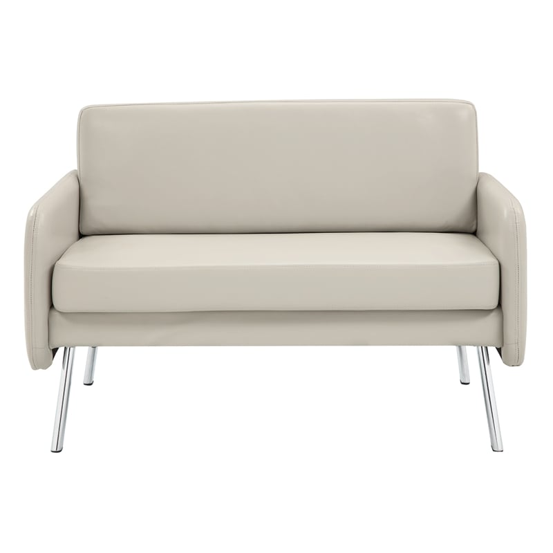 Pemberly Row Lounge Loveseat in Cream Faux Leather with Chrome Legs