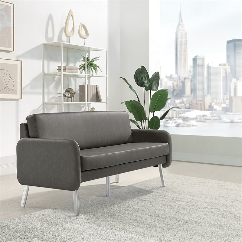 Pemberly Row Lounge Sofa in Smoke Faux Leather with Chrome Legs