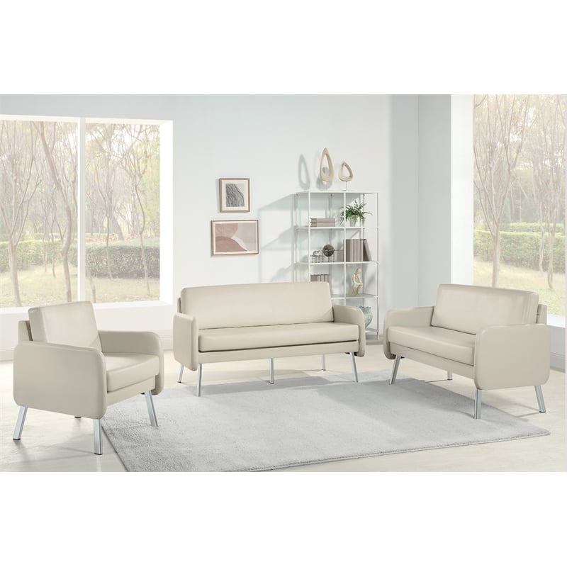Pemberly Row Lounge Sofa in Cream Faux Leather with Chrome Legs