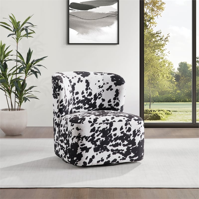 Pemberly Row Swivel Accent Chair in Black Cow Print Fabric