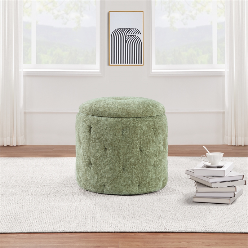 Pemberly Row Round Storage Ottoman with Tufted Design in Spring Green