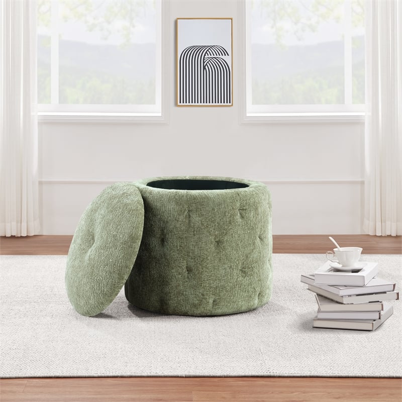 Pemberly Row Round Storage Ottoman with Tufted Design in Spring Green