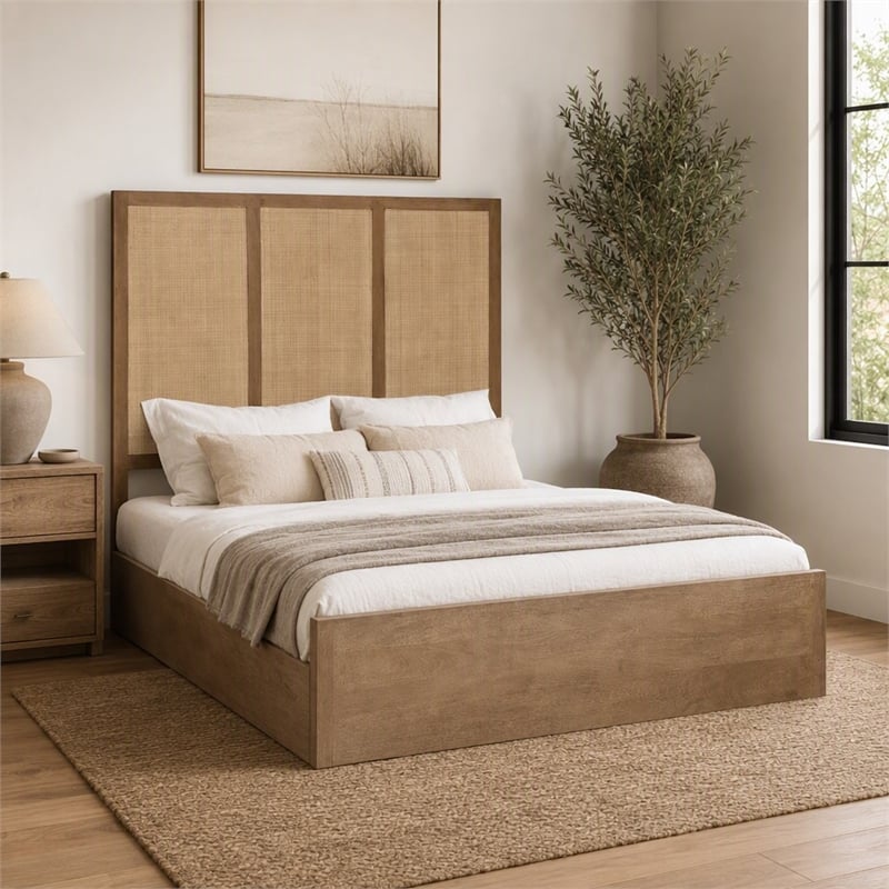 Pemberly Row Queen Panel Bed in Wheat Finish with Cane Detailing