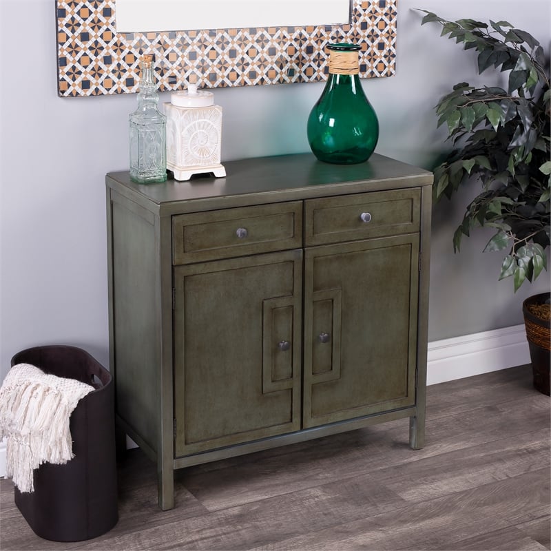 Pemberly Row Imperial Console Cabinet in Distressed Green Wood Finish