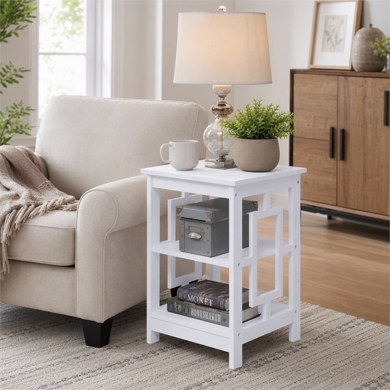 Pemberly Row Town Square End Table with Shelves in White Engineered Wood