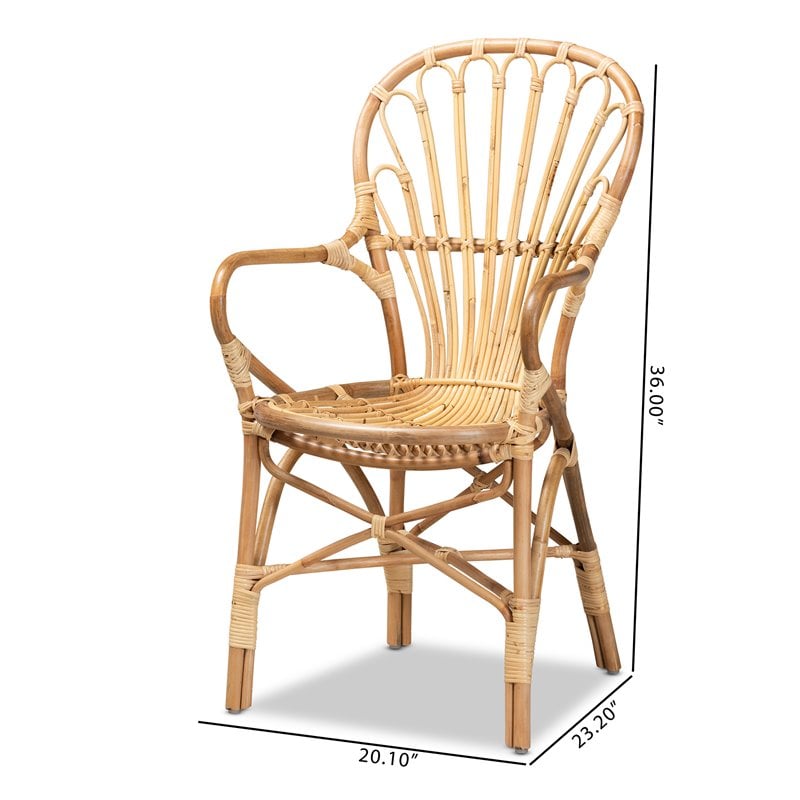 Pemberly Row Natural Rattan Armchair with Curved Arms and Angled Legs