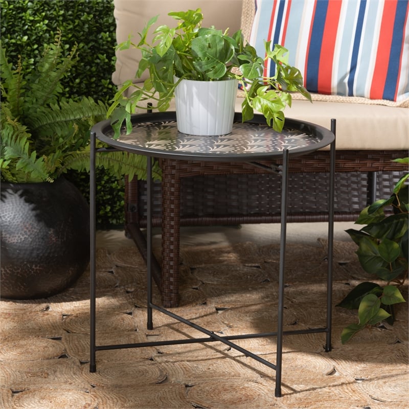 Pemberly Row Black Metal Plant Stand with Floral Pattern Top