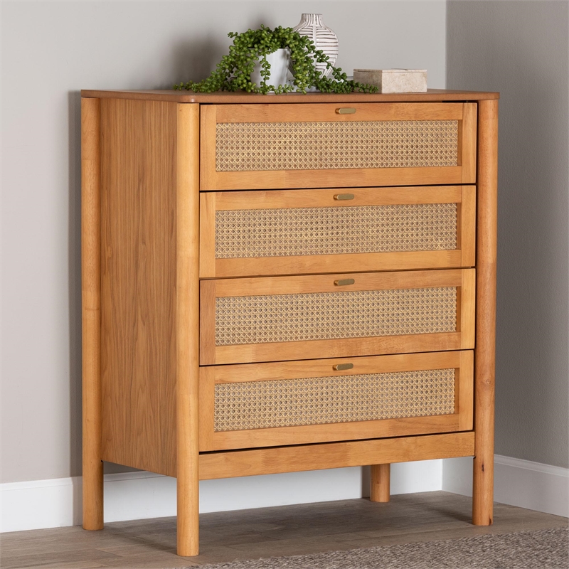 Pemberly Row Jenn Japandi Style 4-Drawer Chest in Golden Brown