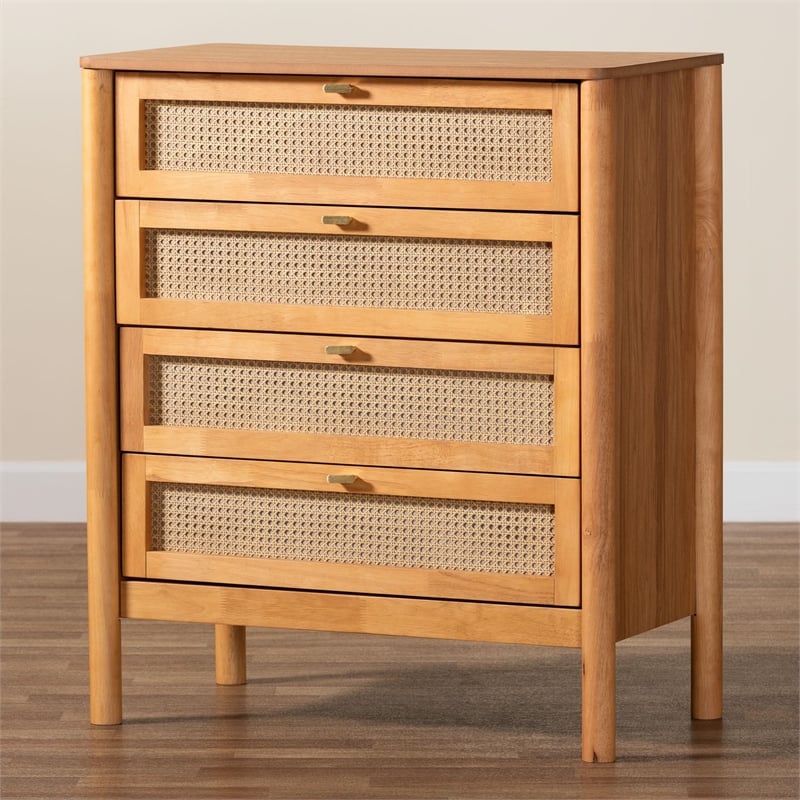 Pemberly Row Jenn Japandi Style 4-Drawer Chest in Golden Brown
