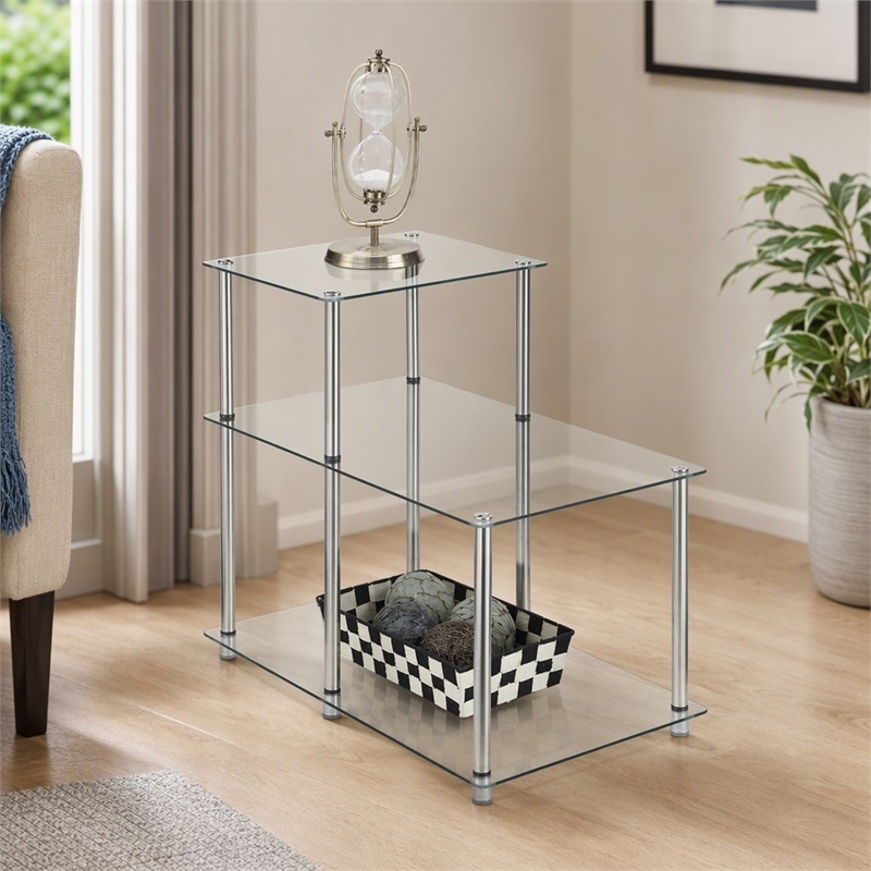 Pemberly Row Three-Tier End Table in Tempered Clear Glass and Steel