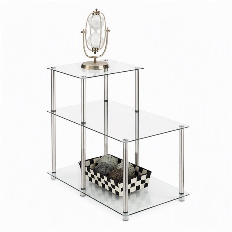Pemberly Row Three-Tier End Table in Tempered Clear Glass and Steel