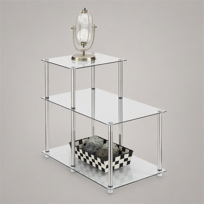Pemberly Row Three-Tier End Table in Tempered Clear Glass and Steel