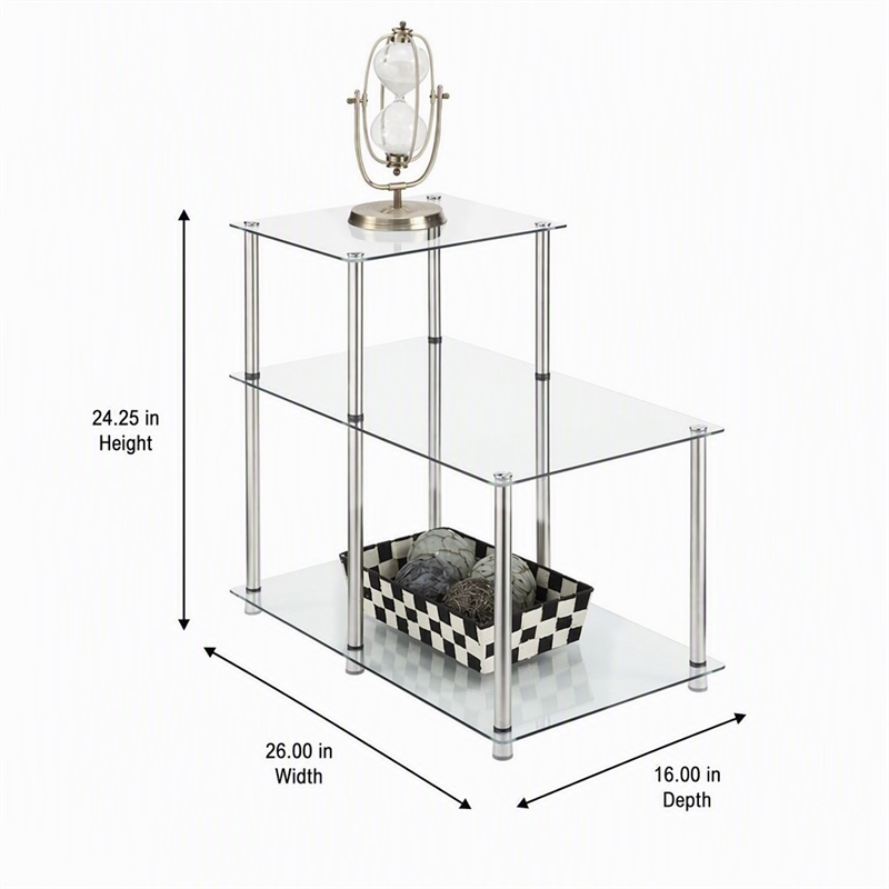 Pemberly Row Three-Tier End Table in Tempered Clear Glass and Steel
