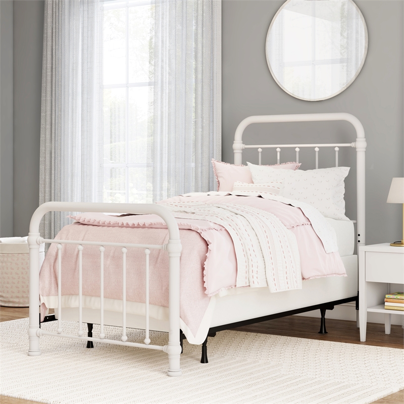 Pemberly Row Twin Metal Spindle Panel Bed in Soft White Finish