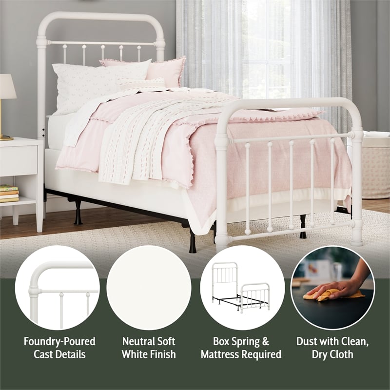 Pemberly Row Twin Metal Spindle Panel Bed in Soft White Finish