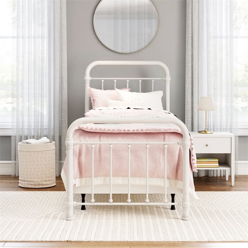 Pemberly Row Twin Metal Spindle Panel Bed in Soft White Finish