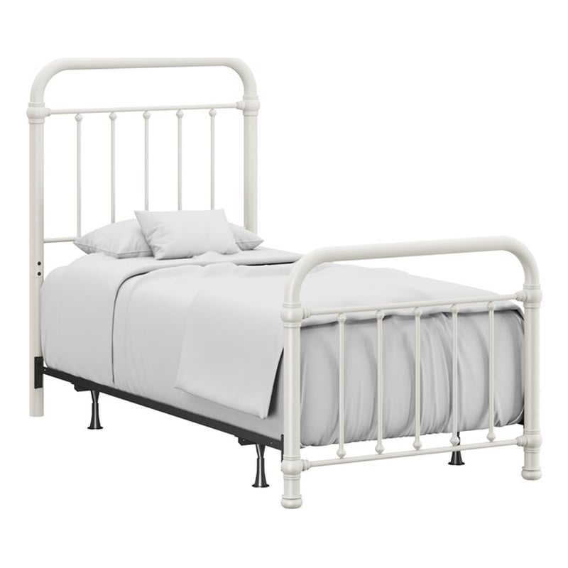 Pemberly Row Twin Metal Spindle Panel Bed in Soft White Finish