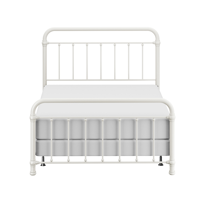Pemberly Row Queen Metal Spindle Panel Bed in Soft White Finish