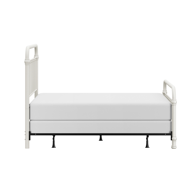 Pemberly Row Queen Metal Spindle Panel Bed in Soft White Finish