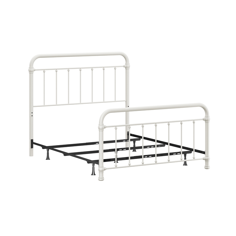 Pemberly Row Queen Metal Spindle Panel Bed in Soft White Finish