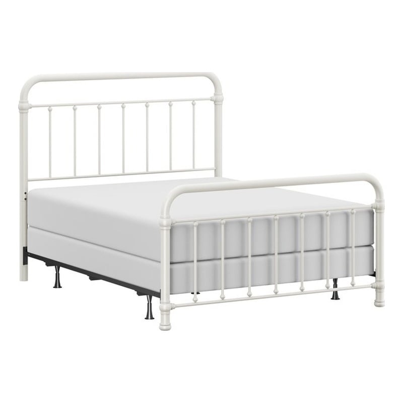 Pemberly Row Queen Metal Spindle Panel Bed in Soft White Finish