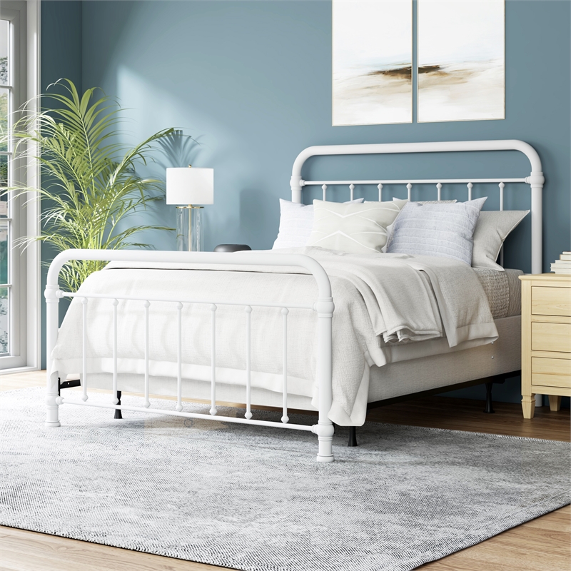 Pemberly Row Queen Metal Spindle Panel Bed in Soft White Finish