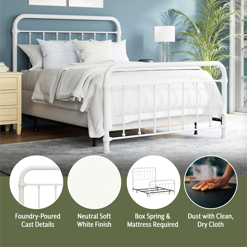 Pemberly Row Queen Metal Spindle Panel Bed in Soft White Finish