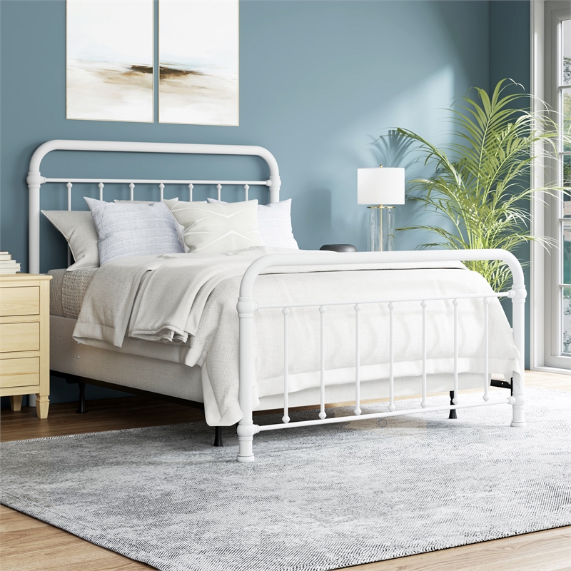 Pemberly Row Queen Metal Spindle Panel Bed in Soft White Finish