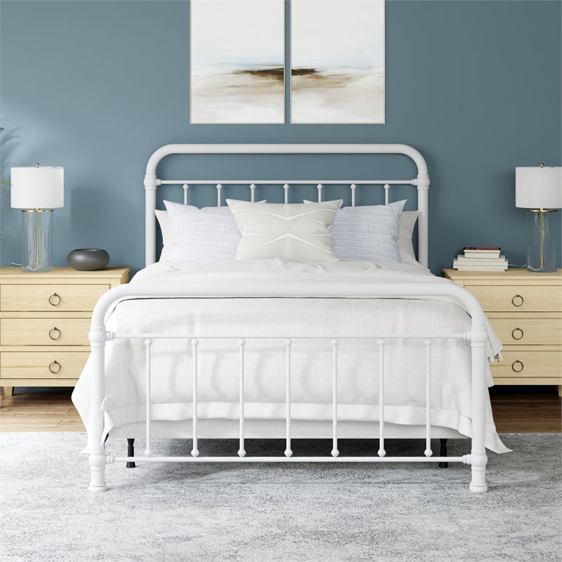 Pemberly Row Queen Metal Spindle Panel Bed in Soft White Finish