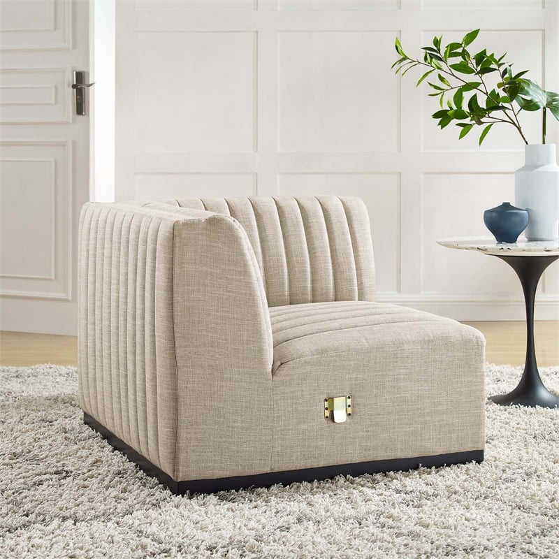 Pemberly Row Modern Channel Tufted Fabric Right Corner Chair in Beige