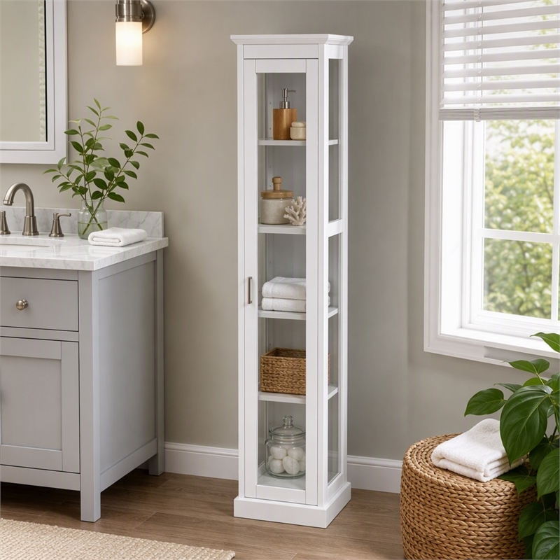 Pemberly Row Tall Wood Curio Cabinet with Glass Door in White