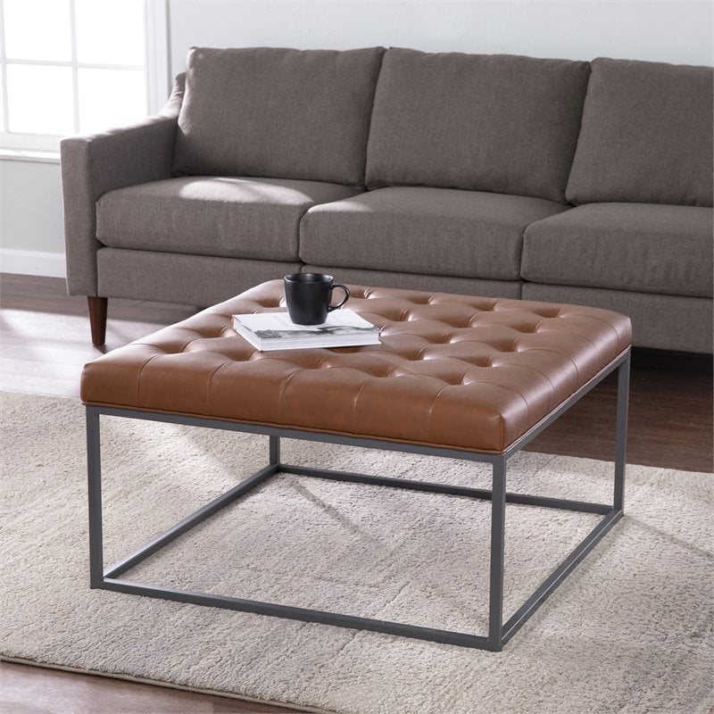 Pemberly Row Leather Upholstered Cocktail Ottoman in Brown and Gray