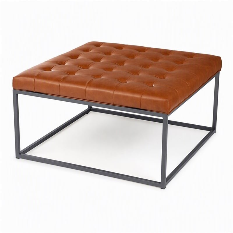 Pemberly Row Leather Upholstered Cocktail Ottoman in Brown and Gray