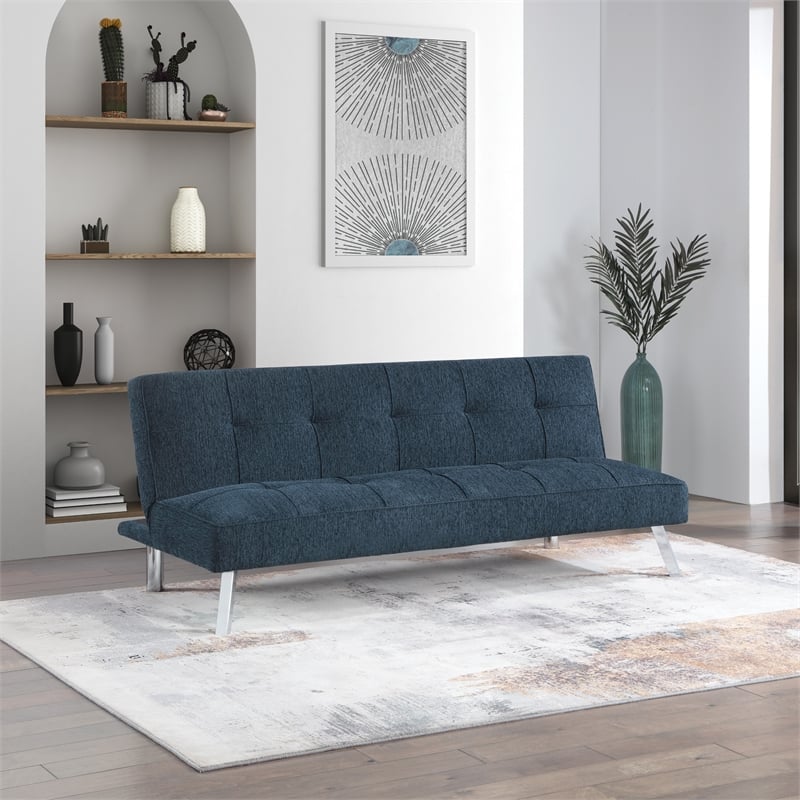 Pemberly Row Convertible Futon with Modern Chrome Legs in Indigo Fabric