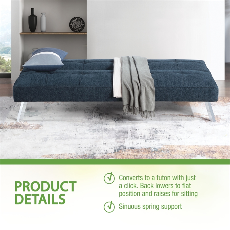 Pemberly Row Convertible Futon with Modern Chrome Legs in Indigo Fabric
