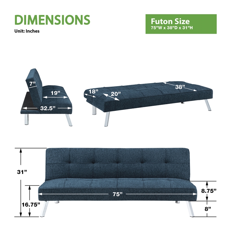 Pemberly Row Convertible Futon with Modern Chrome Legs in Indigo Fabric