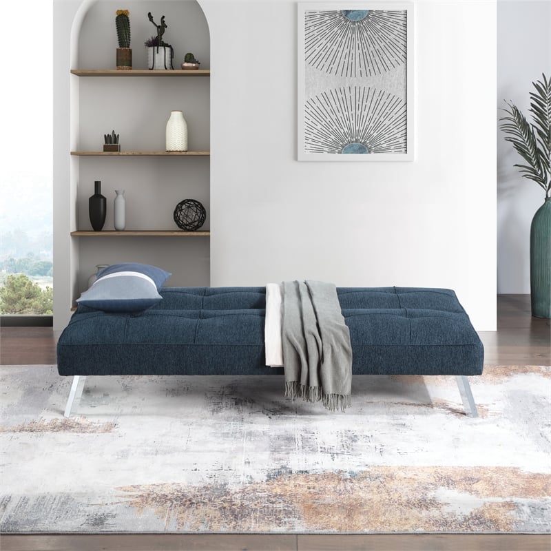 Pemberly Row Convertible Futon with Modern Chrome Legs in Indigo Fabric