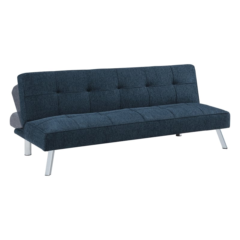 Pemberly Row Convertible Futon with Modern Chrome Legs in Indigo Fabric