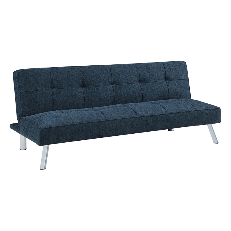 Pemberly Row Convertible Futon with Modern Chrome Legs in Indigo Fabric