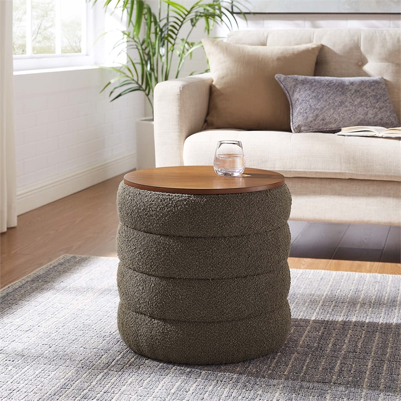 Pemberly Row Round Boucle Storage Ottoman in Pebble Fabric