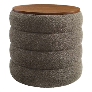 Pemberly Row Round Boucle Storage Ottoman in Pebble Fabric