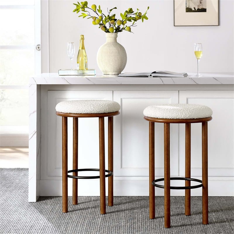 Pemberly Row Set of 2 Boucle Bar Stools in Walnut Ivory