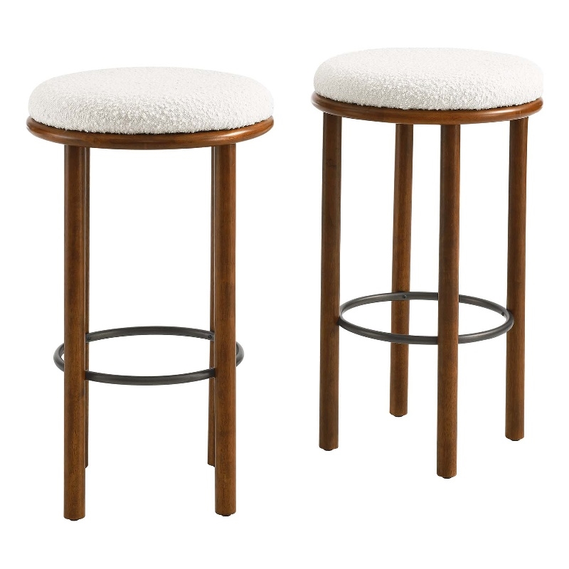 Pemberly Row Set of 2 Boucle Bar Stools in Walnut Ivory
