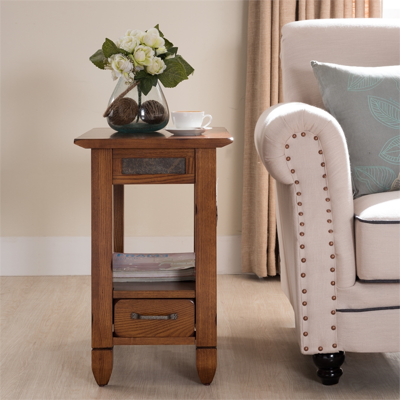 Pemberly Row Chairside End Table with Drawer in Rustic Oak