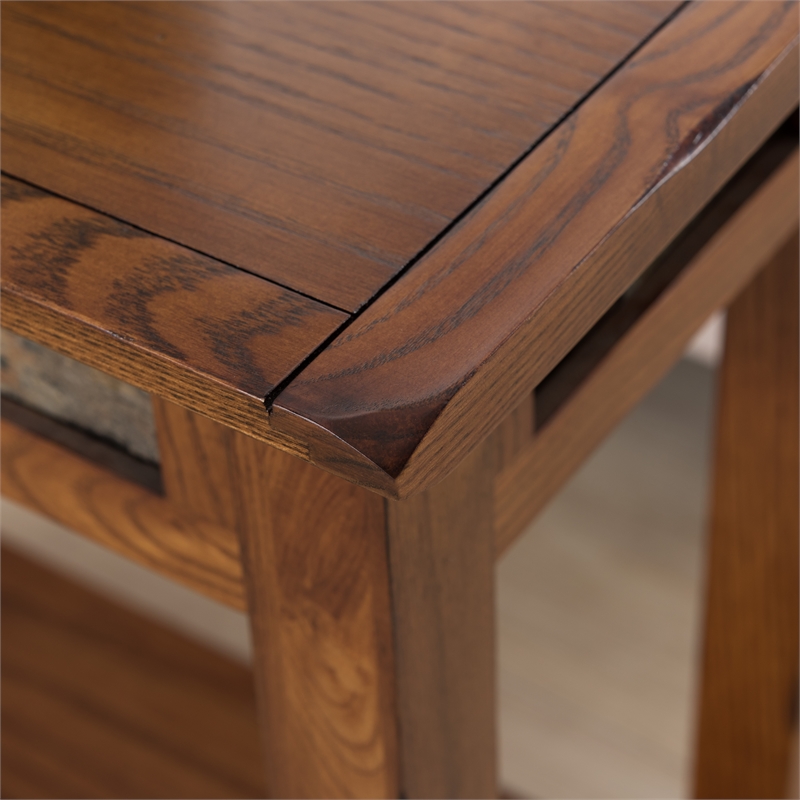 Pemberly Row Rustic Slate Chairside End Table in Solid Wood Rustic Oak